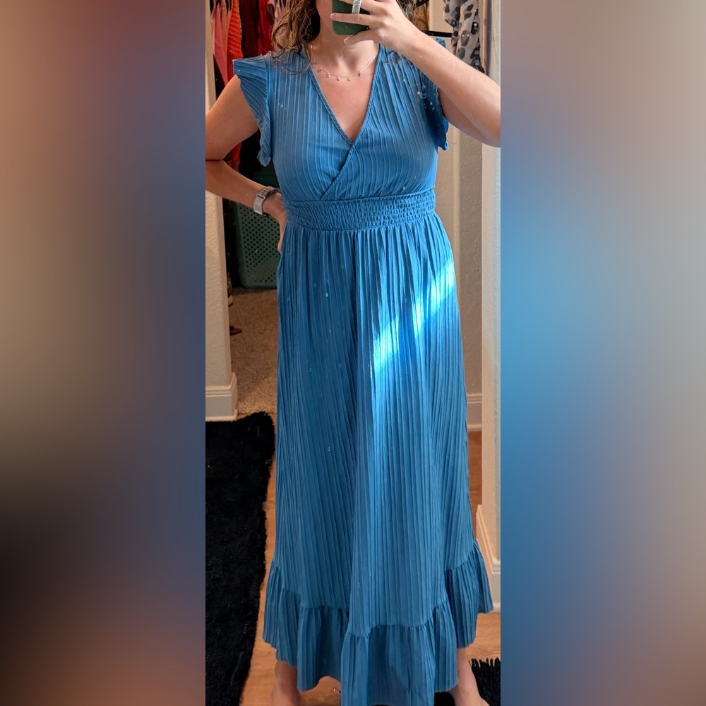 SHEIN Teal-Blue Smocked Waist Pleated Maxi Skirt